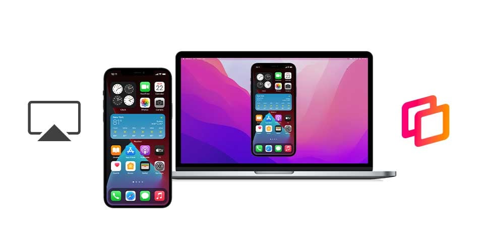 AirPlay to Mac logo, Reflector logo, iPhone and a MacBook