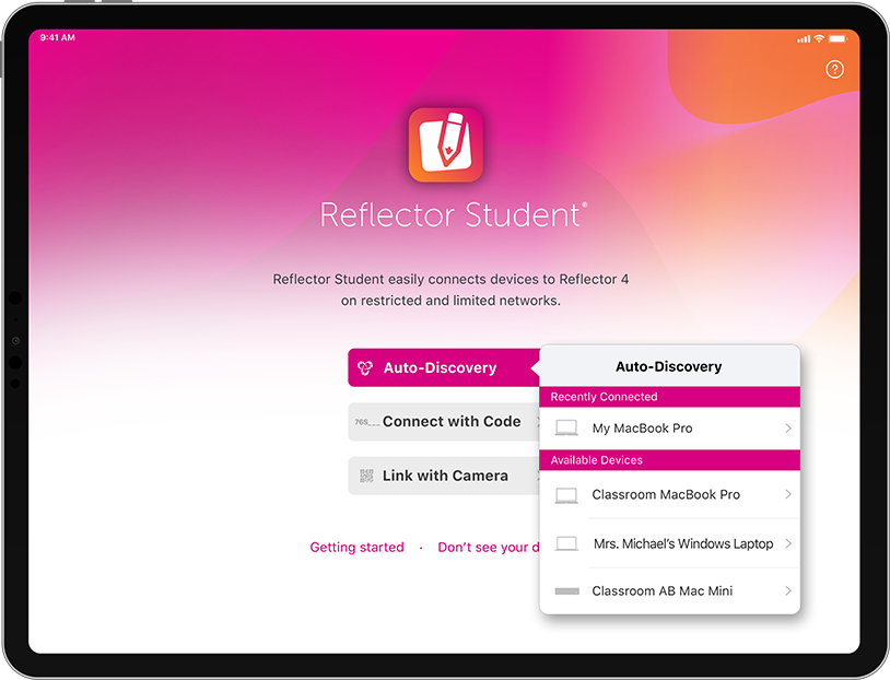 Reflector Student app auto-discovery feature on an iPad